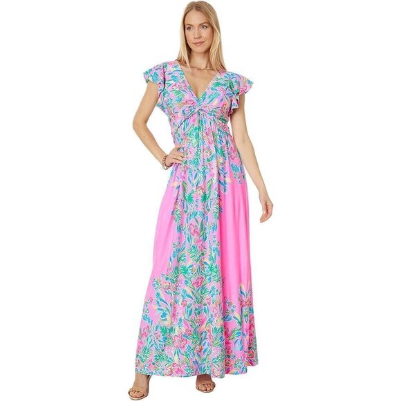 New Lilly Pulitzer Verona Flutter Sleeve Maxi Havana Pink Casa Jaguar Engineered